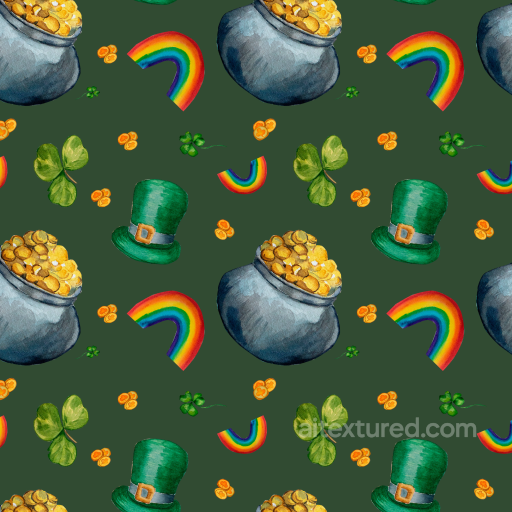with St Patrick Icons - Rainbows, Pot of Gold, Clover seamless St patrick digital paper bundle PBR texture