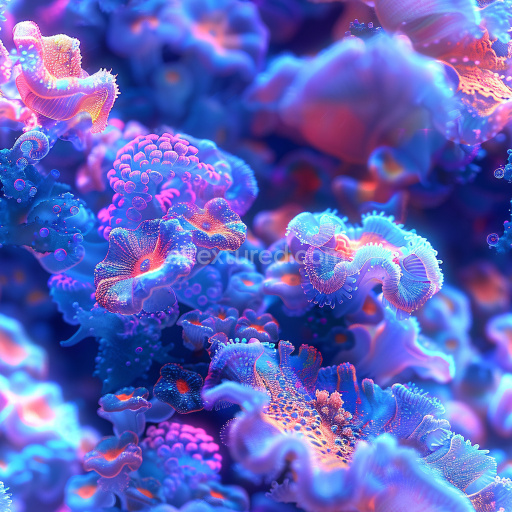 Seamless 3D PBR Texture of Glossy Bioluminescent Organic Coral-Like Patterns in Blue and Purple