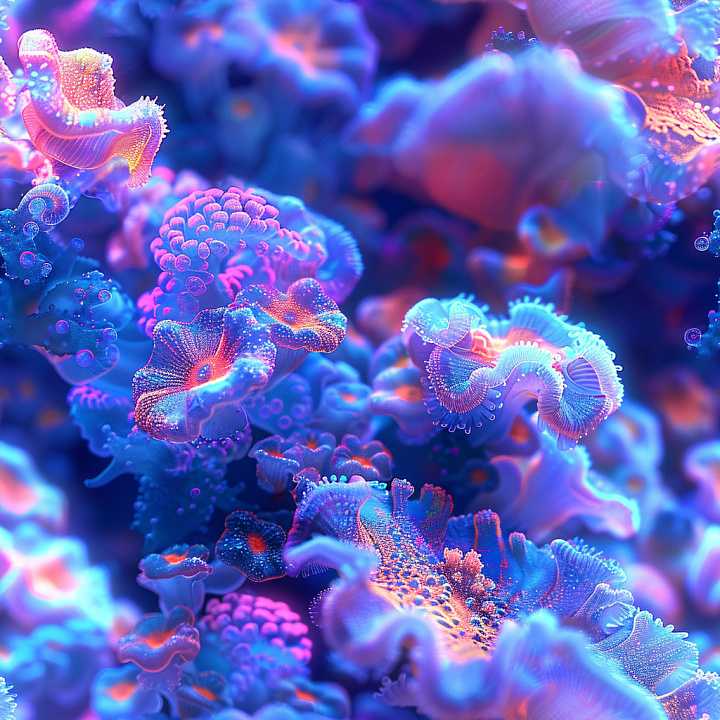 Glossy Bioluminescent Organic Coral-Like Patterns in Blue and Purple seamless PBR texture preview