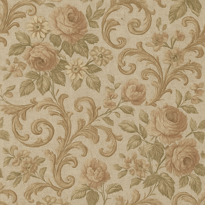 Vintage Floral Scrollwork Wallpaper With Textured Linen Weave Finish seamless PBR texture preview