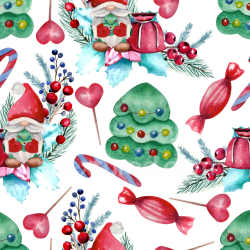 seamless Seamless 3D PBR Watercolor Christmas Texture with Santa, Candy & Trees texture 8k free download PBR