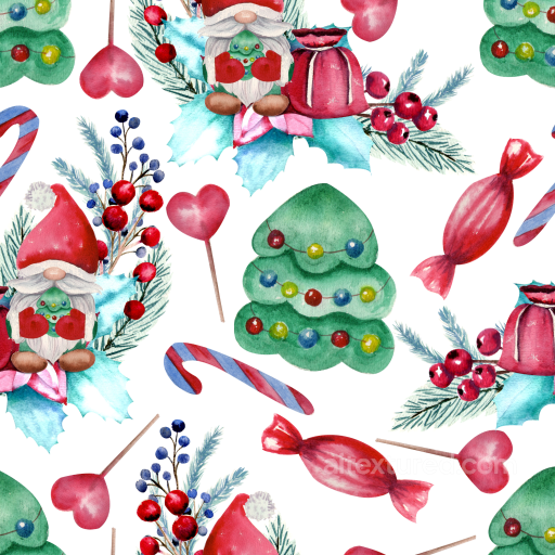 Watercolor Christmas Texture with Santa, Candy & Trees seamless Watercolor Christmas PBR texture