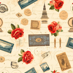 seamless Seamless 3D PBR Texture Featuring Vintage Postcards and Red Roses Pattern texture 8k free download PBR