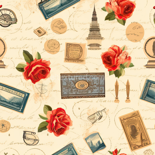 Preview — Seamless 3D PBR Texture Featuring Vintage Postcards and Red Roses Pattern