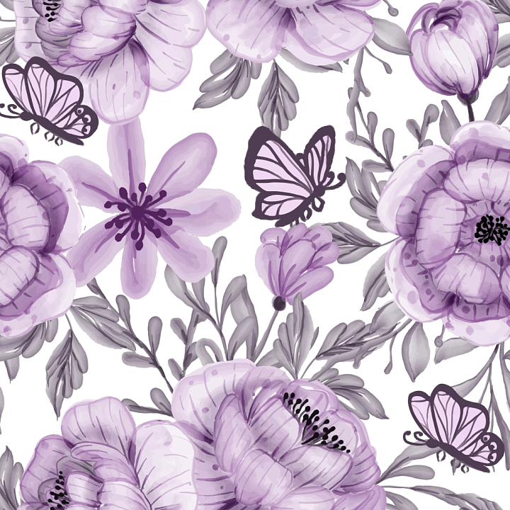 Purple Flower Pattern with Butterflies and Soft Pastels seamless PBR texture preview
