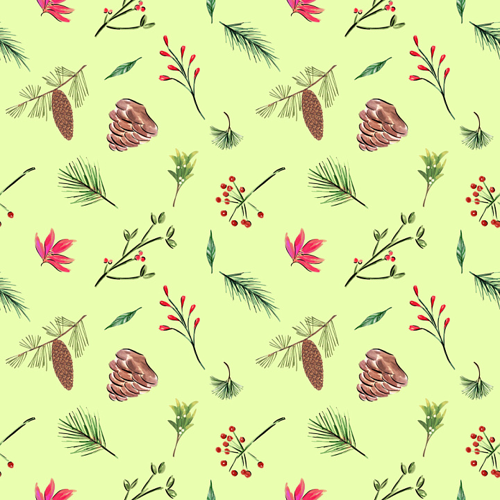 Pattern Featuring Hand-Painted Christmas Botanicals seamless PBR texture preview