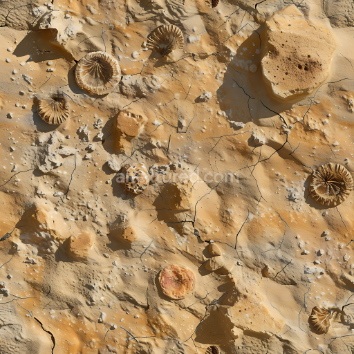 Seamless 3D Fossilized Sandstone Rock PBR Texture with Natural Cracks and Embedded Shells