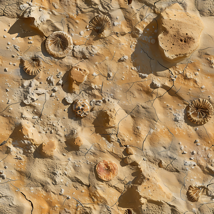 Fossilized Sandstone Rock with Natural Cracks and Embedded Shells seamless PBR texture preview