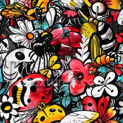 seamless Seamless 3D PBR Texture of Vibrant Graffiti Featuring Cartoon Insects and Flowers texture 8k free download PBR