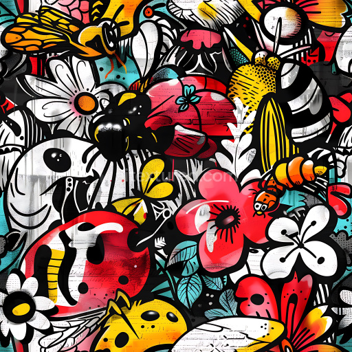 Seamless 3D PBR Texture of Vibrant Graffiti Featuring Cartoon Insects and Flowers