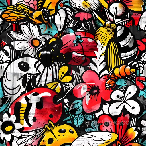 Seamless 3D PBR Texture of Vibrant Graffiti Featuring Cartoon Insects and Flowers texture preview
