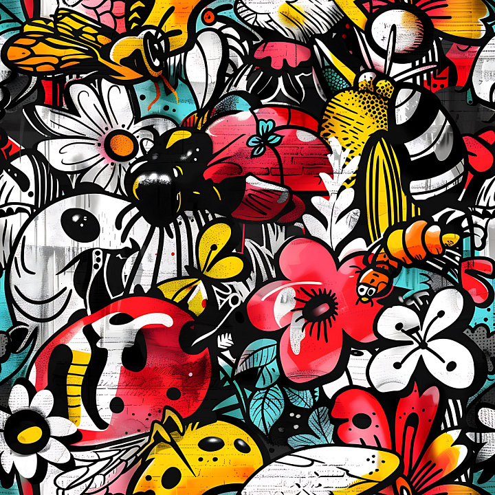 Vibrant Graffiti Featuring Cartoon Insects and Flowers seamless PBR texture preview