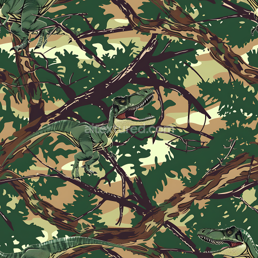 Seamless 3D Jungle Camouflage PBR Texture Featuring Stylized Dinosaur and Woodland Elements