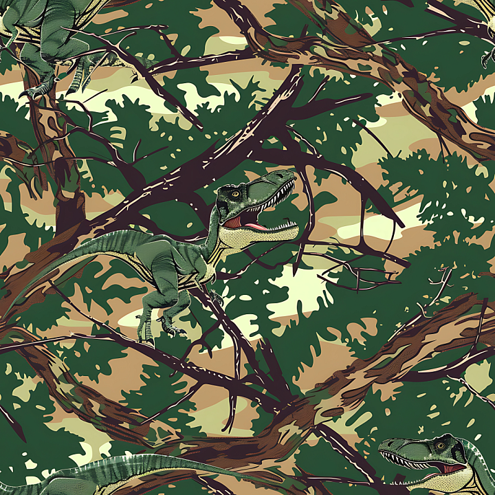 Jungle Camouflage Featuring Stylized Dinosaur and Woodland Elements seamless PBR texture preview