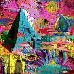seamless Seamless 3D PBR Graffiti Texture Featuring Vibrant Urban Mural with Pyramid and Eye Motifs texture 8k free download PBR
