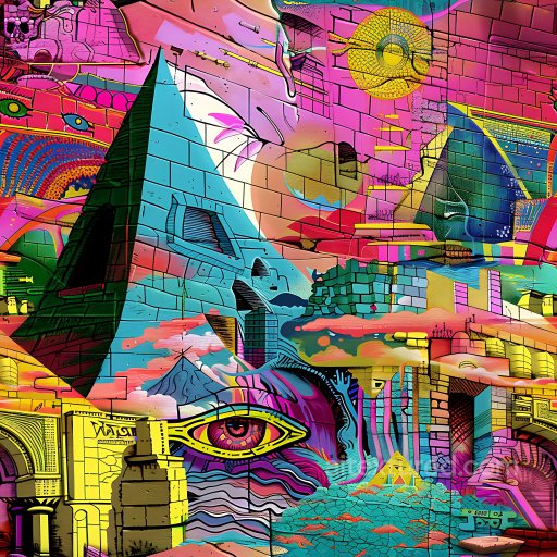 Seamless 3D PBR Graffiti Texture Featuring Vibrant Urban Mural with Pyramid and Eye Motifs texture preview