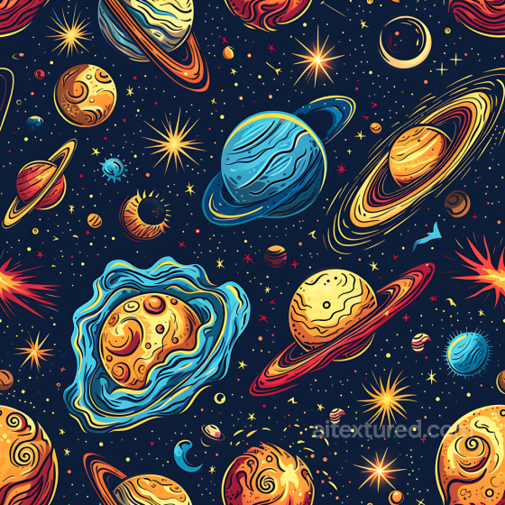 Space PBR Texture Featuring Stylized Planets, Rings & Stars Star, space, planets texture preview