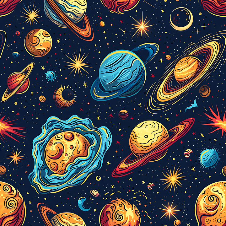 Space Featuring Stylized Planets, Rings & Stars seamless PBR texture preview