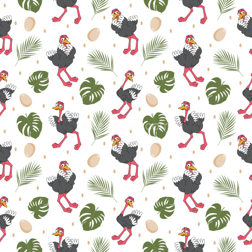 Pattern Bundle - Seamless 3D Pattern PBR Texture with Whimsical Ostrich Motifs and Tropical Leaves texture preview