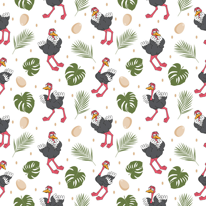Pattern with Whimsical Ostrich Motifs and Tropical Leaves seamless PBR texture preview