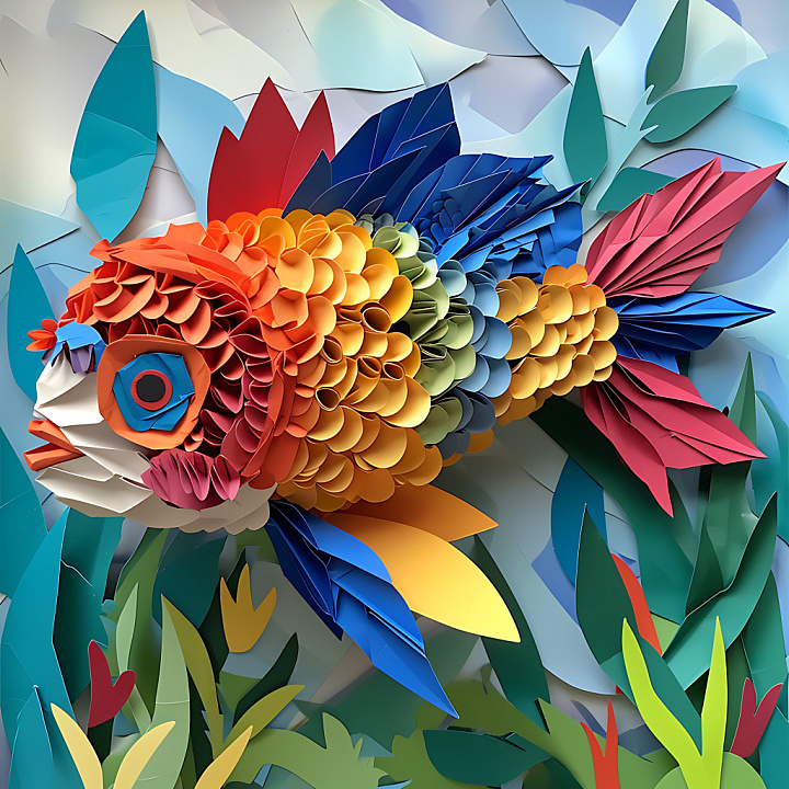 Animal of Colorful Cichlid Origami Fish with Layered Scales and Paper-F… seamless PBR texture preview