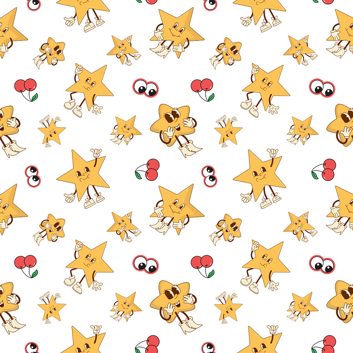 Pattern with Retro Cartoon Stars, Cherries, and Cheeky Eyes seamless PBR texture preview
