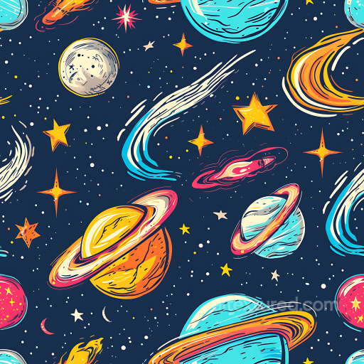 Stylized Cosmic Cartoon PBR Texture with Planets and Stars seamless Star, space, planets PBR texture