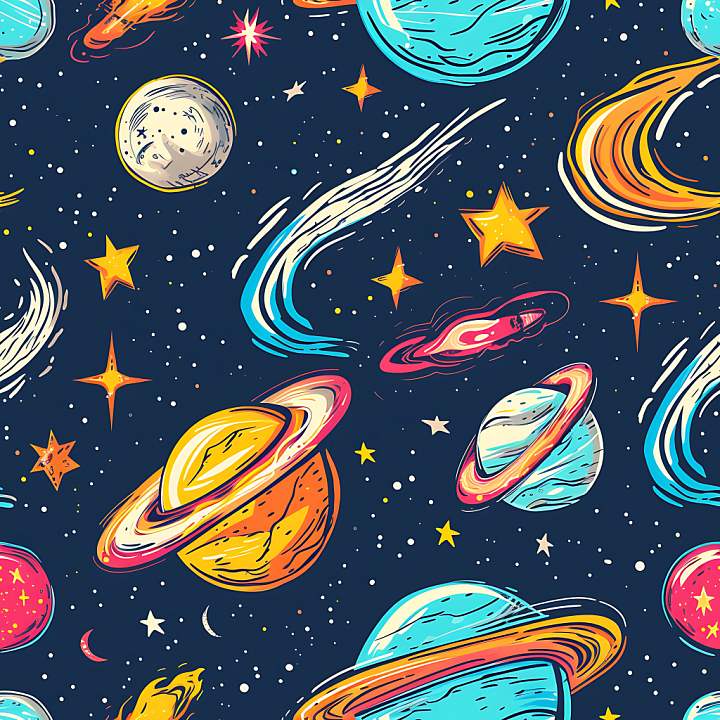 Stylized Cosmic Cartoon with Planets and Stars seamless PBR texture preview