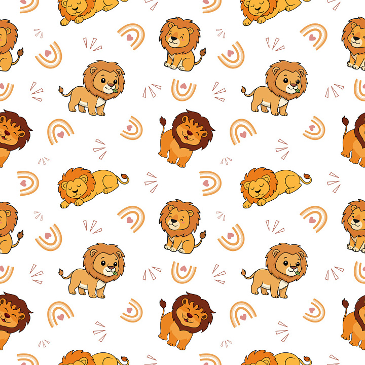 Pattern with Cute Cartoon Lion Motifs on White Background seamless PBR texture preview