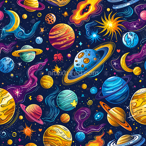 Seamless 3D Space PBR Texture with Vibrant Cartoon-Style Planets & Galaxies