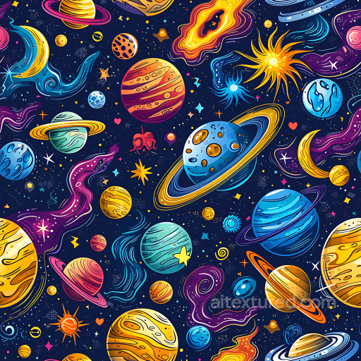 Space PBR Texture with Vibrant Cartoon-Style Planets & Galaxies seamless Star, space, planets PBR texture