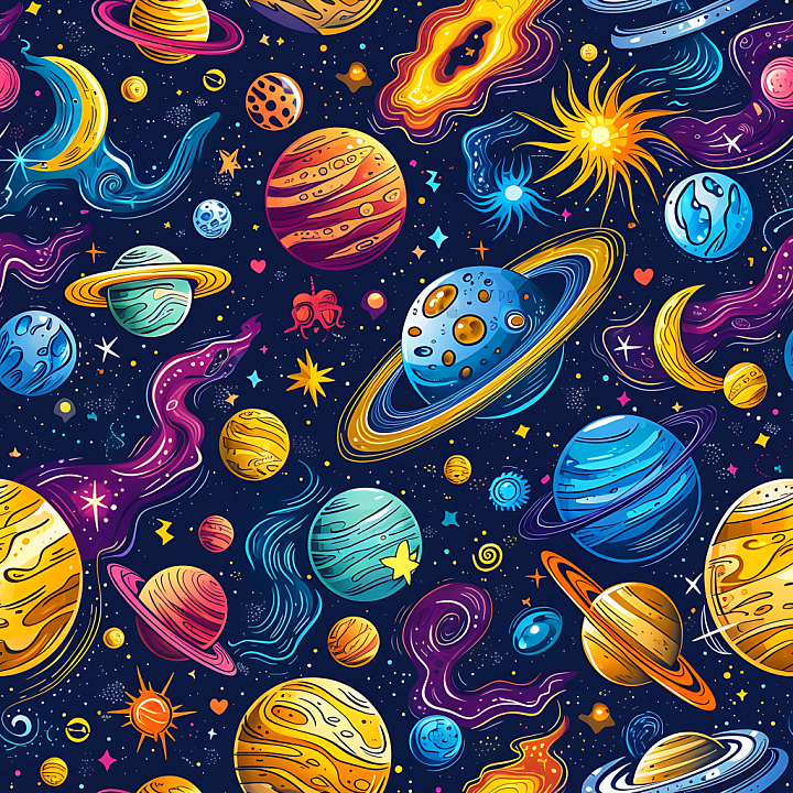 Space with Vibrant Cartoon-Style Planets & Galaxies seamless PBR texture preview