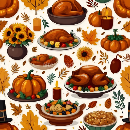 Seamless 3D PBR Texture Featuring Thanksgiving Feast and Autumn Leaves