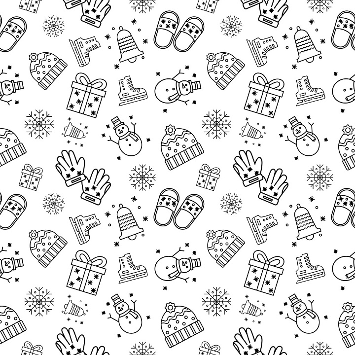 Pattern Featuring Black Line Art Christmas Icons on White Background seamless PBR texture preview