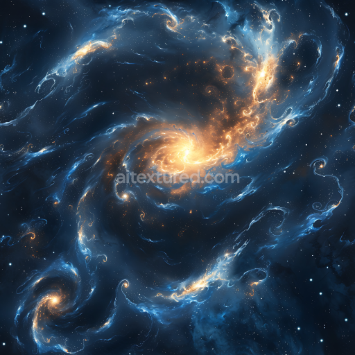 Seamless 3D Space PBR Texture Featuring Swirling Galaxy Nebula Clouds with Luminous Orange and Blue Hues