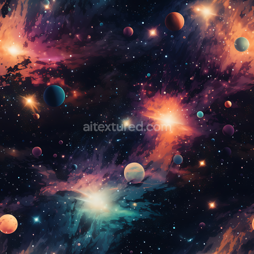 Seamless 3D Space PBR Texture Featuring Vibrant Cosmic Nebula and Starfield with Colorful Planets