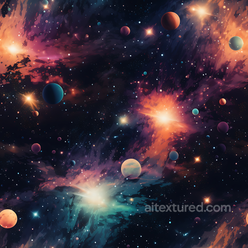 Space PBR Texture Featuring Vibrant Cosmic Nebula and Starfield with Colorful Planets seamless Star, space, planets PBR texture