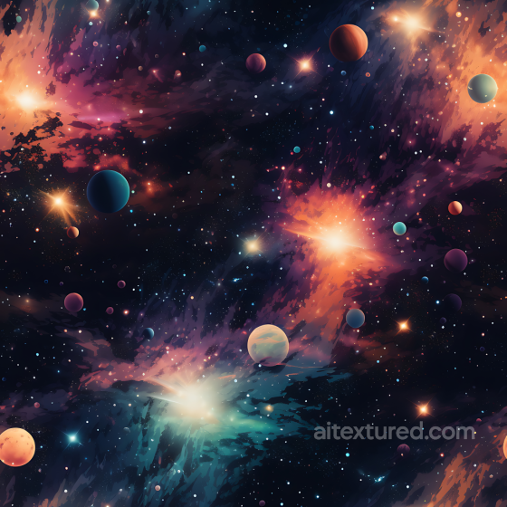 Space PBR Texture Featuring Vibrant Cosmic Nebula and Starfield with Colorful Planets Star, space, planets texture preview
