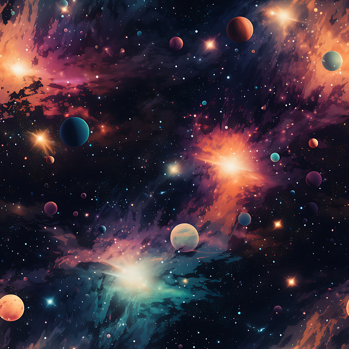 Space Featuring Vibrant Cosmic Nebula and Starfield with Colorful Plane… seamless PBR texture preview