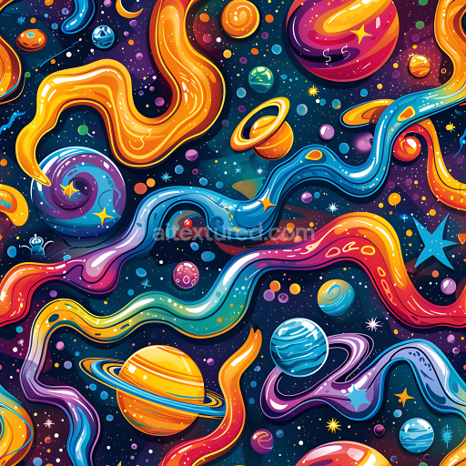 Seamless 3D Cartoon-Style Space PBR Texture with Colorful Planets & Nebulae