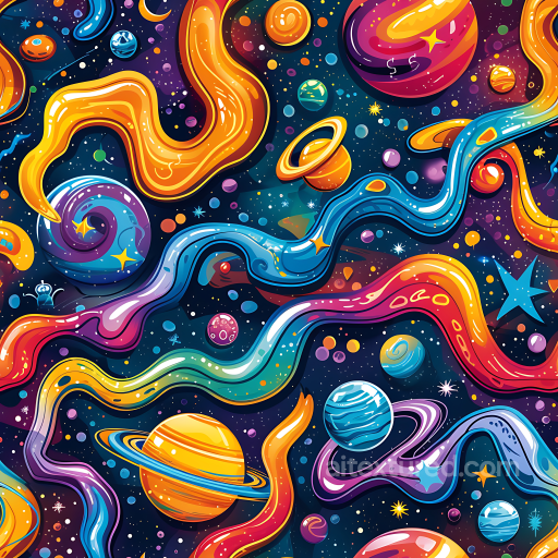 Cartoon-Style Space PBR Texture with Colorful Planets & Nebulae seamless Star, space, planets PBR texture