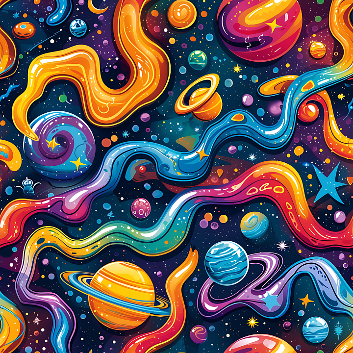 Cartoon-Style Space with Colorful Planets & Nebulae seamless PBR texture preview
