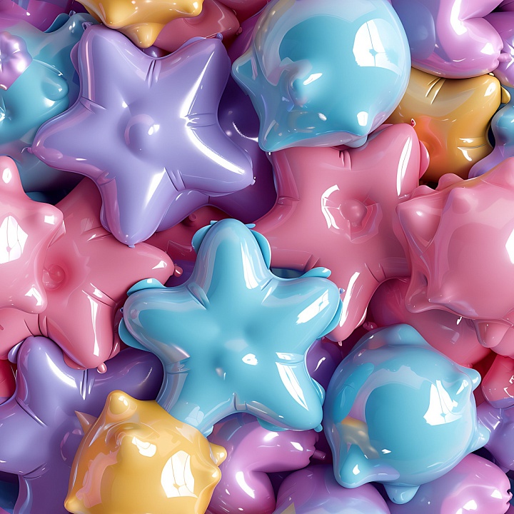 Inflated Glossy Star and Bubble Multicolor seamless PBR texture preview