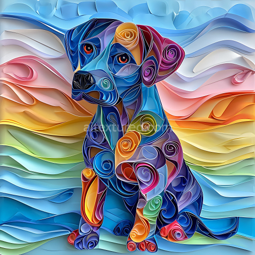 Seamless 3D PBR Texture Featuring Blue Lacy Dog Origami Style with Vivid Spiral Patterns