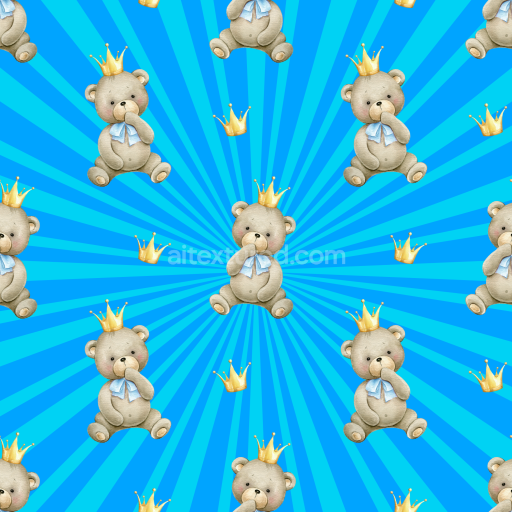 Seamless 3D PBR Texture Featuring Illustrated Baby Boy Teddy Bears and Golden Crowns on Blue Background