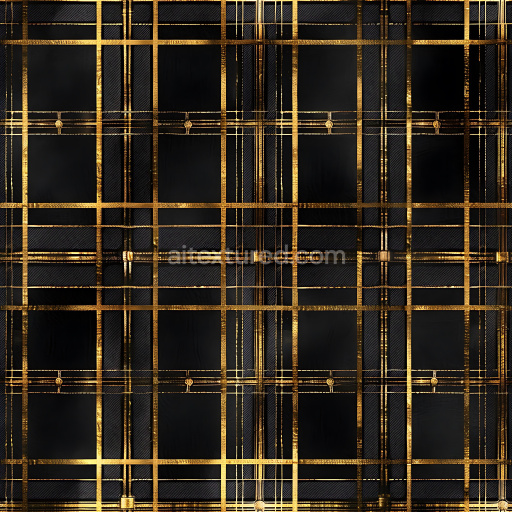 Seamless 3D PBR Texture Featuring Black Plaid Pattern with Elegant Gold Lines