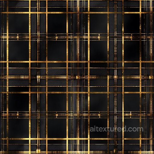Seamless 3D PBR Texture Featuring Black Plaid Pattern with Elegant Gold Lines texture preview