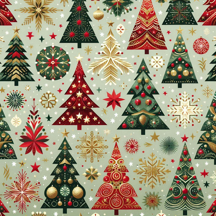 With Festive Christmas Trees And Golden Snowflakes On Light Background seamless PBR texture preview
