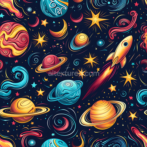 Seamless 3D Space PBR Texture Featuring Vibrant Cartoon Planets, Stars, Rockets