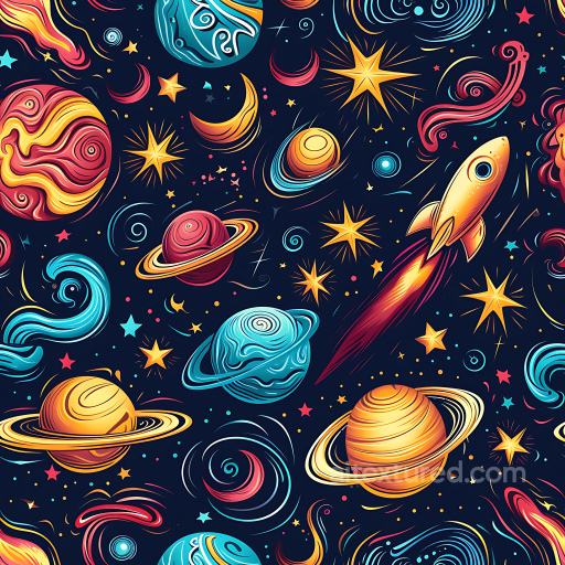 Space PBR Texture Featuring Vibrant Cartoon Planets, Stars, Rockets seamless Star, space, planets PBR texture
